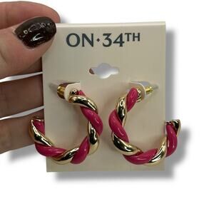 NEW On 34th Pink & Gold Twisted Hoop Earrings Chunky Statement Hoops Cocktail